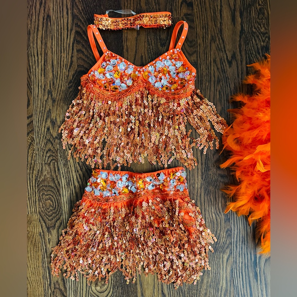 RECITAL dance COSTUME SEQUIN SC small child GLAMOUR brand rhinestone orange